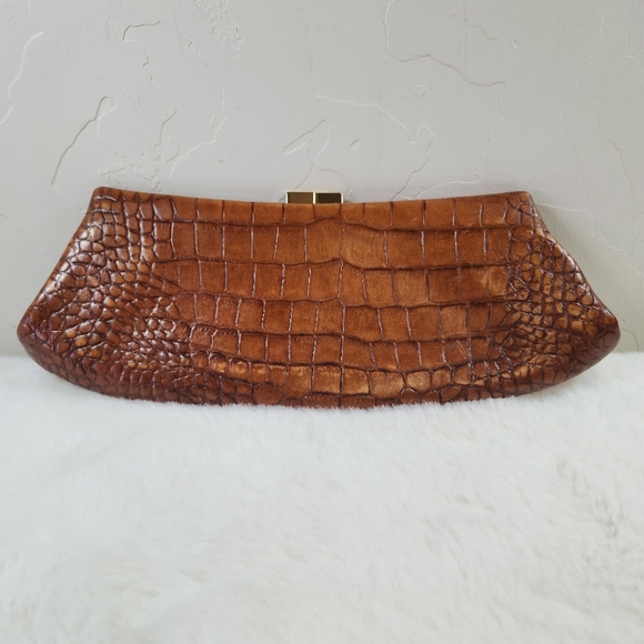 Antonio Melani Brown Leather Crocodile Croc Print Clutch - Picture 1 of 9